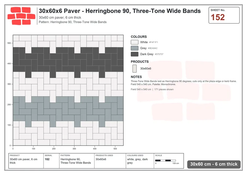 Interlock (Pasco) 30x60 cm · RC36-152 · Herringbone 90, Three-Tone Wide Bands · Laying plan Interlock (Pasco) 30x60 cm · RC36-152 · Herringbone 90, Three-Tone Wide Bands · Laying plan