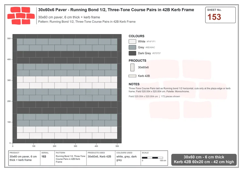 Interlock (Pasco) 30x60 cm · RC36-153 · Running Bond 1/2, Three-Tone Course Pairs in 42B Kerb Frame · Laying plan Interlock (Pasco) 30x60 cm · RC36-153 · Running Bond 1/2, Three-Tone Course Pairs in 42B Kerb Frame · Laying plan