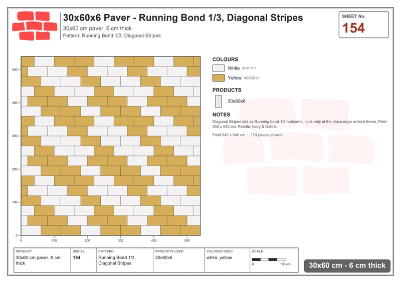 Interlock (Pasco) 30x60 cm · RC36-154 · Running Bond 1/3, Diagonal Stripes · Laying plan Interlock (Pasco) 30x60 cm · RC36-154 · Running Bond 1/3, Diagonal Stripes · Laying plan