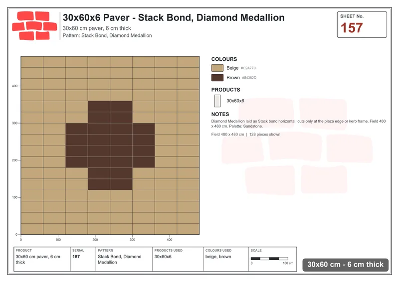 Interlock (Pasco) 30x60 cm · RC36-157 · Stack Bond, Diamond Medallion · Laying plan Interlock (Pasco) 30x60 cm · RC36-157 · Stack Bond, Diamond Medallion · Laying plan