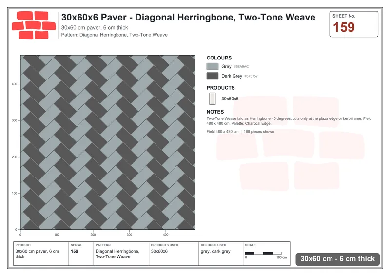 Interlock (Pasco) 30x60 cm · RC36-159 · Diagonal Herringbone, Two-Tone Weave · Laying plan Interlock (Pasco) 30x60 cm · RC36-159 · Diagonal Herringbone, Two-Tone Weave · Laying plan