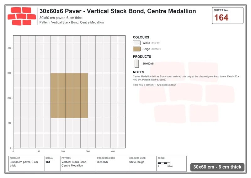 Interlock (Pasco) 30x60 cm · RC36-164 · Vertical Stack Bond, Centre Medallion · Laying plan Interlock (Pasco) 30x60 cm · RC36-164 · Vertical Stack Bond, Centre Medallion · Laying plan