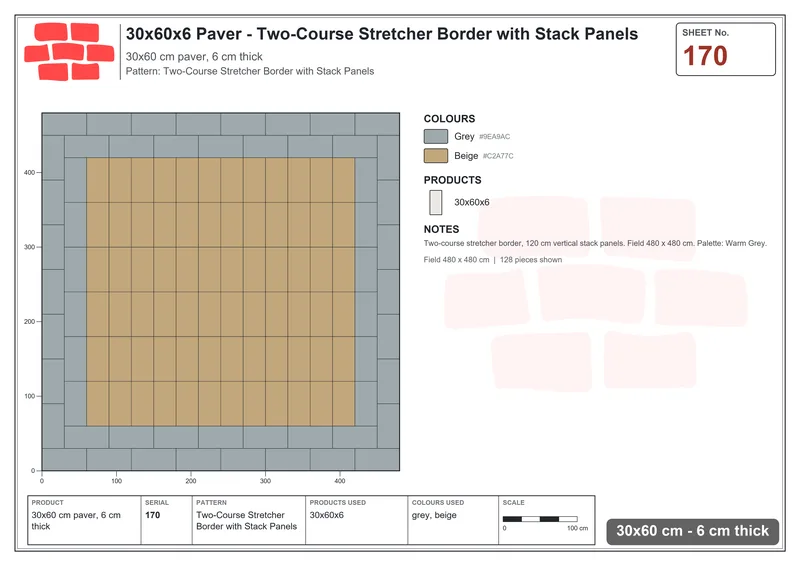 Interlock (Pasco) 30x60 cm · RC36-170 · Two-Course Stretcher Border with Stack Panels · Laying plan Interlock (Pasco) 30x60 cm · RC36-170 · Two-Course Stretcher Border with Stack Panels · Laying plan
