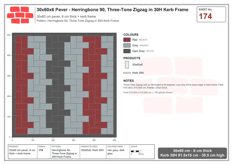 Interlock (Pasco) 30x60 cm · RC36-174 · Herringbone 90, Three-Tone Zigzag in 30H Kerb Frame · Laying plan Interlock (Pasco) 30x60 cm · RC36-174 · Herringbone 90, Three-Tone Zigzag in 30H Kerb Frame · Laying plan
