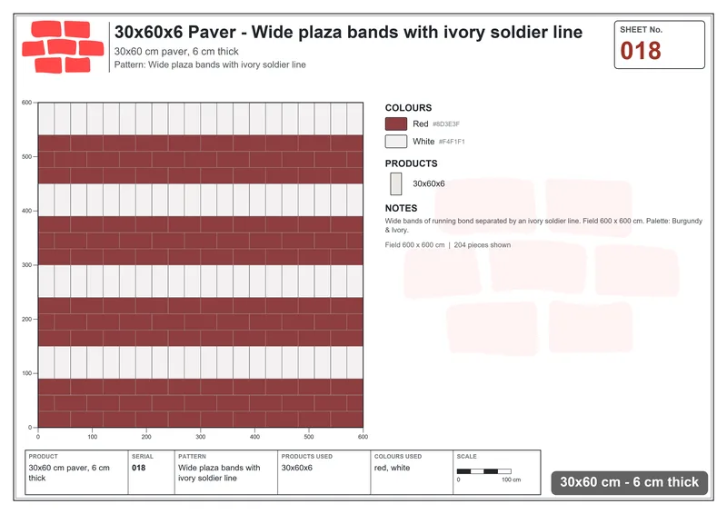 Interlock (Pasco) 30x60 cm · RC36-18 · Wide plaza bands with ivory soldier line · Laying plan Interlock (Pasco) 30x60 cm · RC36-18 · Wide plaza bands with ivory soldier line · Laying plan