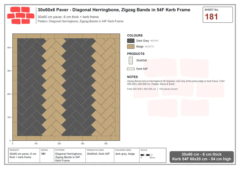 Interlock (Pasco) 30x60 cm · RC36-181 · Diagonal Herringbone, Zigzag Bands in 54F Kerb Frame · Laying plan Interlock (Pasco) 30x60 cm · RC36-181 · Diagonal Herringbone, Zigzag Bands in 54F Kerb Frame · Laying plan
