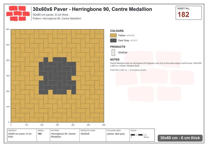 Interlock (Pasco) 30x60 cm · RC36-182 · Herringbone 90, Centre Medallion · Laying plan Interlock (Pasco) 30x60 cm · RC36-182 · Herringbone 90, Centre Medallion · Laying plan