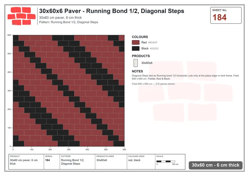Interlock (Pasco) 30x60 cm · RC36-184 · Running Bond 1/2, Diagonal Steps · Laying plan Interlock (Pasco) 30x60 cm · RC36-184 · Running Bond 1/2, Diagonal Steps · Laying plan