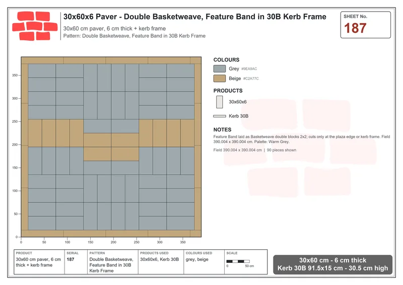 Interlock (Pasco) 30x60 cm · RC36-187 · Double Basketweave, Feature Band in 30B Kerb Frame · Laying plan Interlock (Pasco) 30x60 cm · RC36-187 · Double Basketweave, Feature Band in 30B Kerb Frame · Laying plan