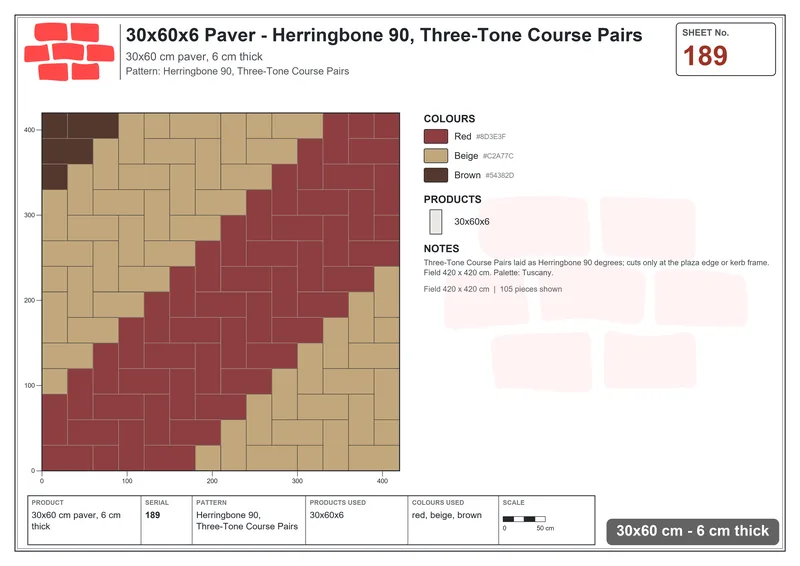 Interlock (Pasco) 30x60 cm · RC36-189 · Herringbone 90, Three-Tone Course Pairs · Laying plan Interlock (Pasco) 30x60 cm · RC36-189 · Herringbone 90, Three-Tone Course Pairs · Laying plan