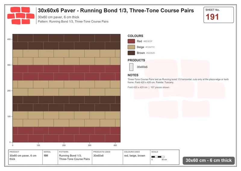 Interlock (Pasco) 30x60 cm · RC36-191 · Running Bond 1/3, Three-Tone Course Pairs · Laying plan Interlock (Pasco) 30x60 cm · RC36-191 · Running Bond 1/3, Three-Tone Course Pairs · Laying plan