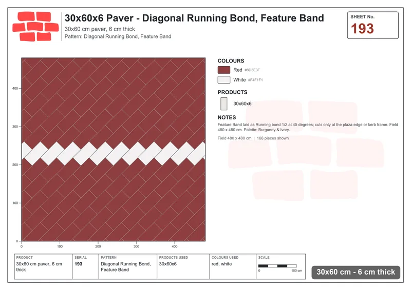 Interlock (Pasco) 30x60 cm · RC36-193 · Diagonal Running Bond, Feature Band · Laying plan Interlock (Pasco) 30x60 cm · RC36-193 · Diagonal Running Bond, Feature Band · Laying plan
