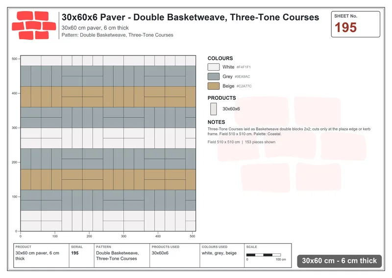 Interlock (Pasco) 30x60 cm · RC36-195 · Double Basketweave, Three-Tone Courses · Laying plan Interlock (Pasco) 30x60 cm · RC36-195 · Double Basketweave, Three-Tone Courses · Laying plan