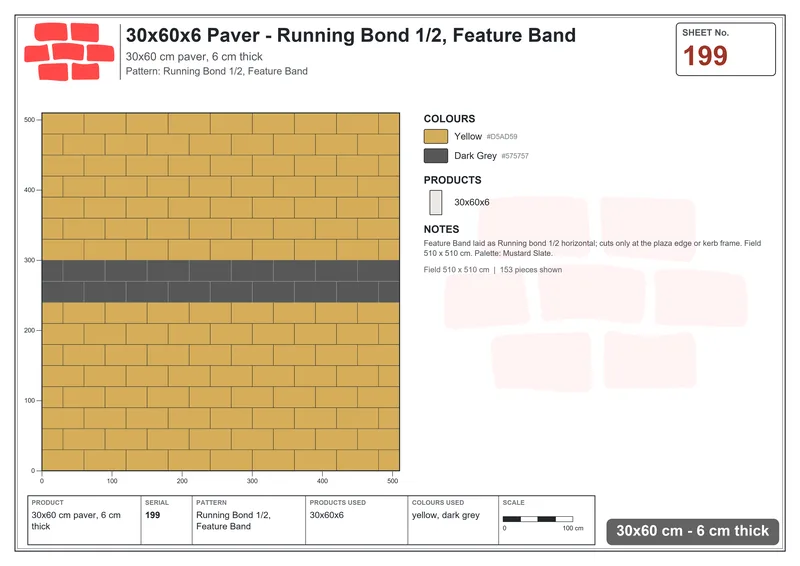 Interlock (Pasco) 30x60 cm · RC36-199 · Running Bond 1/2, Feature Band · Laying plan Interlock (Pasco) 30x60 cm · RC36-199 · Running Bond 1/2, Feature Band · Laying plan