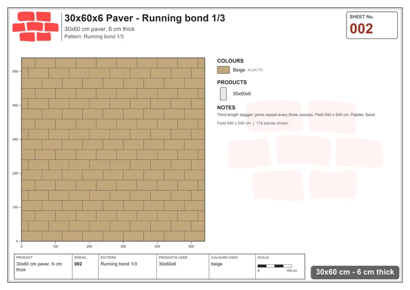Interlock (Pasco) 30x60 cm · RC36-2 · Running bond 1/3 · Laying plan Interlock (Pasco) 30x60 cm · RC36-2 · Running bond 1/3 · Laying plan
