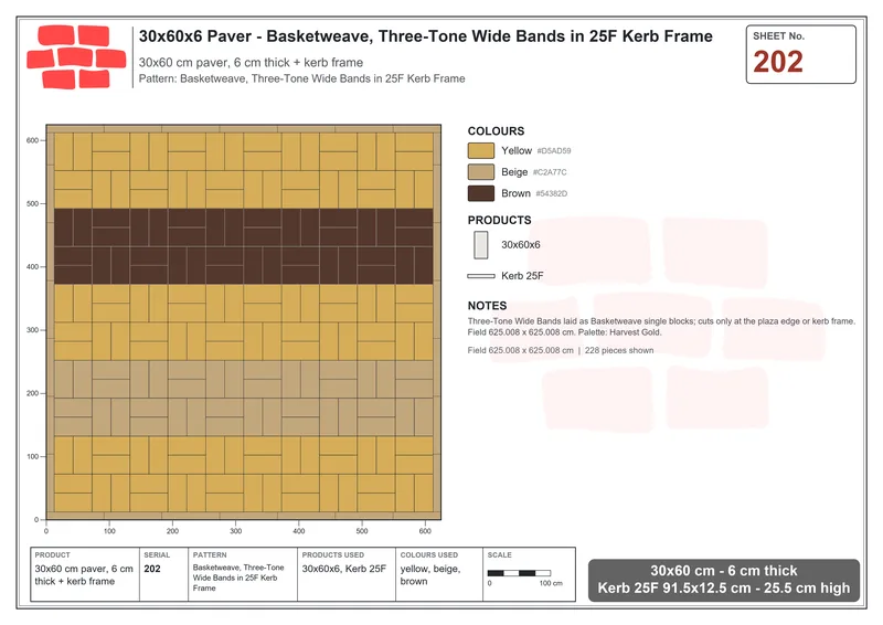 Interlock (Pasco) 30x60 cm · RC36-202 · Basketweave, Three-Tone Wide Bands in 25F Kerb Frame · Laying plan Interlock (Pasco) 30x60 cm · RC36-202 · Basketweave, Three-Tone Wide Bands in 25F Kerb Frame · Laying plan