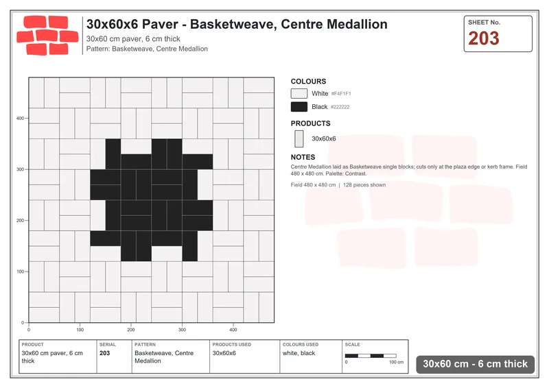 Interlock (Pasco) 30x60 cm · RC36-203 · Basketweave, Centre Medallion · Laying plan Interlock (Pasco) 30x60 cm · RC36-203 · Basketweave, Centre Medallion · Laying plan