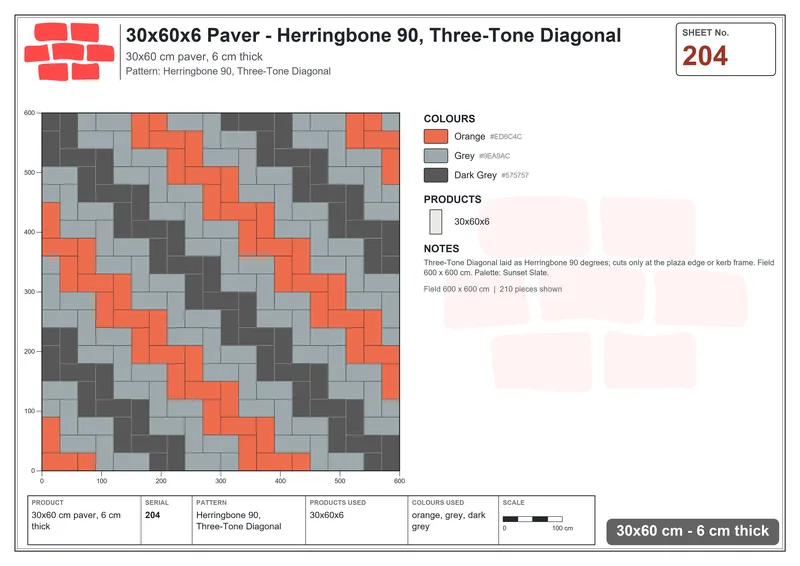 Interlock (Pasco) 30x60 cm · RC36-204 · Herringbone 90, Three-Tone Diagonal · Laying plan Interlock (Pasco) 30x60 cm · RC36-204 · Herringbone 90, Three-Tone Diagonal · Laying plan
