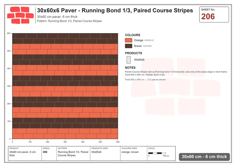 Interlock (Pasco) 30x60 cm · RC36-206 · Running Bond 1/3, Paired Course Stripes · Laying plan Interlock (Pasco) 30x60 cm · RC36-206 · Running Bond 1/3, Paired Course Stripes · Laying plan