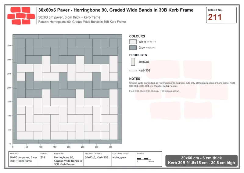 Interlock (Pasco) 30x60 cm · RC36-211 · Herringbone 90, Graded Wide Bands in 30B Kerb Frame · Laying plan Interlock (Pasco) 30x60 cm · RC36-211 · Herringbone 90, Graded Wide Bands in 30B Kerb Frame · Laying plan