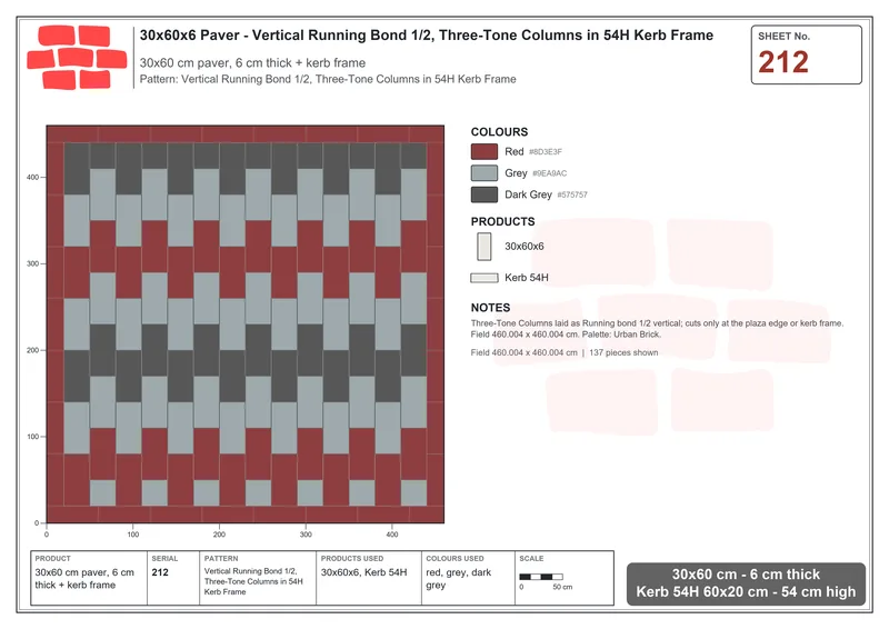 Interlock (Pasco) 30x60 cm · RC36-212 · Vertical Running Bond 1/2, Three-Tone Columns in 54H Kerb Frame · Laying plan Interlock (Pasco) 30x60 cm · RC36-212 · Vertical Running Bond 1/2, Three-Tone Columns in 54H Kerb Frame · Laying plan