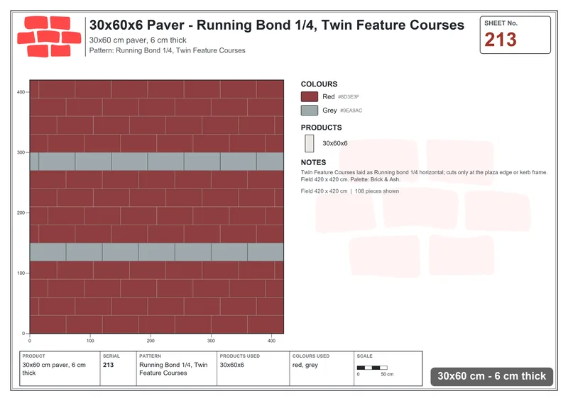 Interlock (Pasco) 30x60 cm · RC36-213 · Running Bond 1/4, Twin Feature Courses · Laying plan Interlock (Pasco) 30x60 cm · RC36-213 · Running Bond 1/4, Twin Feature Courses · Laying plan