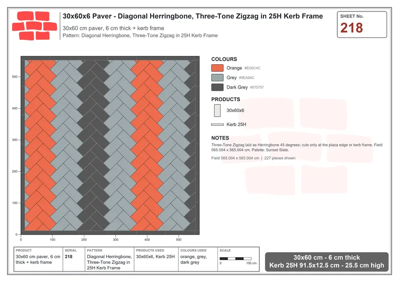 Interlock (Pasco) 30x60 cm · RC36-218 · Diagonal Herringbone, Three-Tone Zigzag in 25H Kerb Frame · Laying plan Interlock (Pasco) 30x60 cm · RC36-218 · Diagonal Herringbone, Three-Tone Zigzag in 25H Kerb Frame · Laying plan