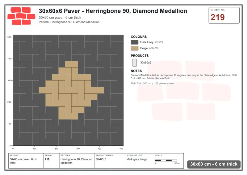 Interlock (Pasco) 30x60 cm · RC36-219 · Herringbone 90, Diamond Medallion · Laying plan Interlock (Pasco) 30x60 cm · RC36-219 · Herringbone 90, Diamond Medallion · Laying plan