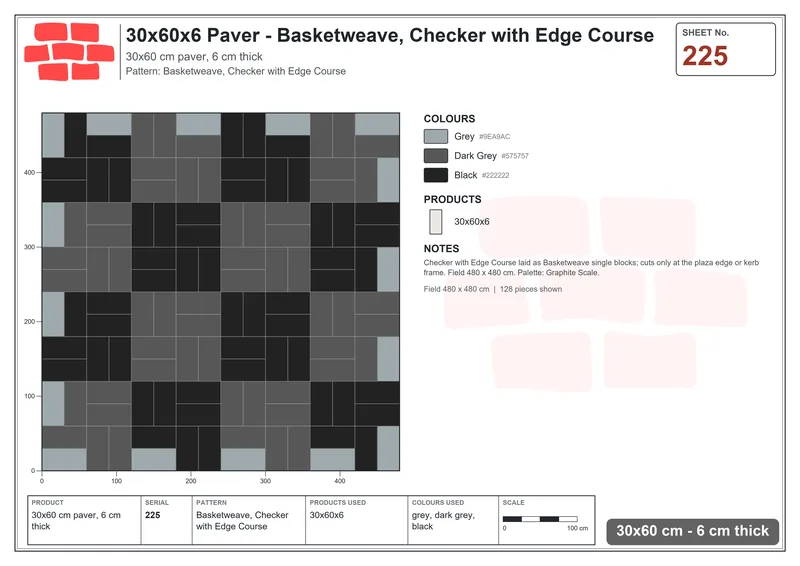 Interlock (Pasco) 30x60 cm · RC36-225 · Basketweave, Checker with Edge Course · Laying plan Interlock (Pasco) 30x60 cm · RC36-225 · Basketweave, Checker with Edge Course · Laying plan