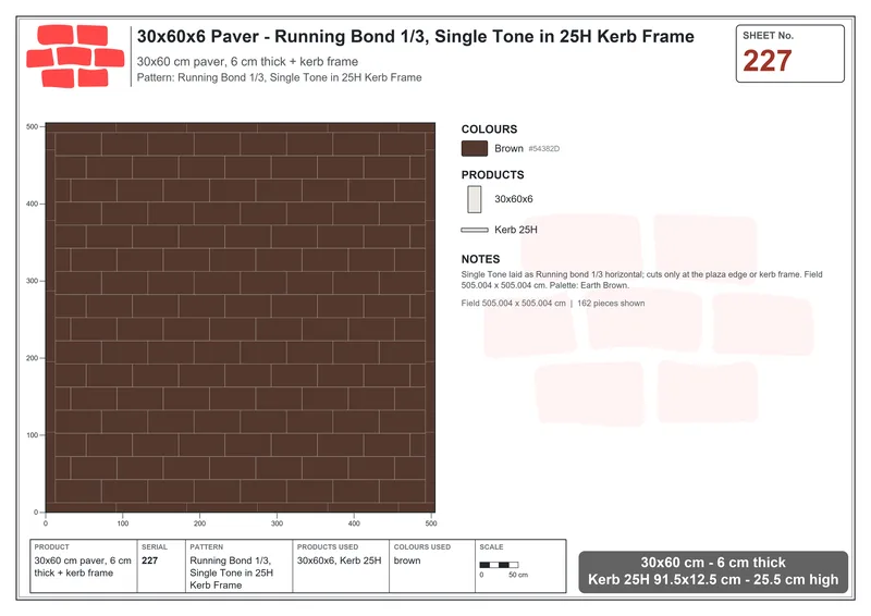 Interlock (Pasco) 30x60 cm · RC36-227 · Running Bond 1/3, Single Tone in 25H Kerb Frame · Laying plan Interlock (Pasco) 30x60 cm · RC36-227 · Running Bond 1/3, Single Tone in 25H Kerb Frame · Laying plan