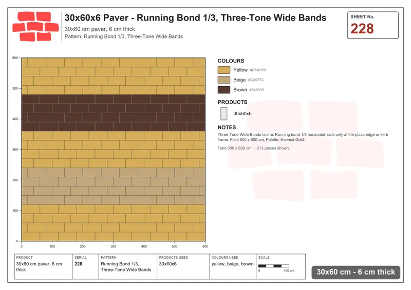 Interlock (Pasco) 30x60 cm · RC36-228 · Running Bond 1/3, Three-Tone Wide Bands · Laying plan Interlock (Pasco) 30x60 cm · RC36-228 · Running Bond 1/3, Three-Tone Wide Bands · Laying plan