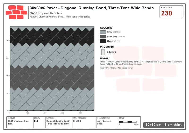 Interlock (Pasco) 30x60 cm · RC36-230 · Diagonal Running Bond, Three-Tone Wide Bands · Laying plan Interlock (Pasco) 30x60 cm · RC36-230 · Diagonal Running Bond, Three-Tone Wide Bands · Laying plan