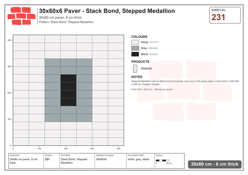 Interlock (Pasco) 30x60 cm · RC36-231 · Stack Bond, Stepped Medallion · Laying plan Interlock (Pasco) 30x60 cm · RC36-231 · Stack Bond, Stepped Medallion · Laying plan