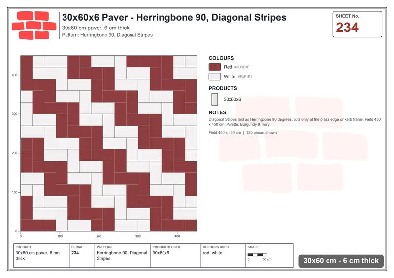 Interlock (Pasco) 30x60 cm · RC36-234 · Herringbone 90, Diagonal Stripes · Laying plan Interlock (Pasco) 30x60 cm · RC36-234 · Herringbone 90, Diagonal Stripes · Laying plan