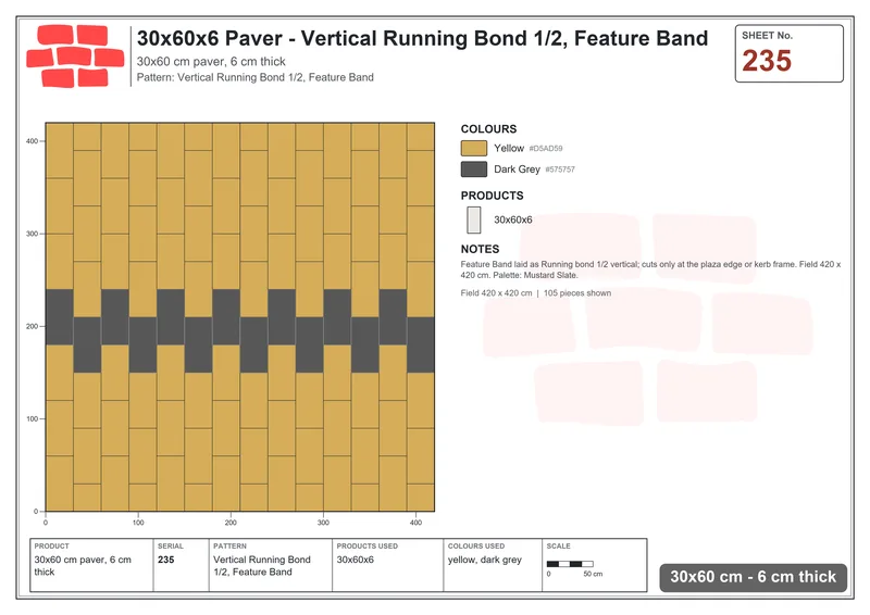 Interlock (Pasco) 30x60 cm · RC36-235 · Vertical Running Bond 1/2, Feature Band · Laying plan Interlock (Pasco) 30x60 cm · RC36-235 · Vertical Running Bond 1/2, Feature Band · Laying plan
