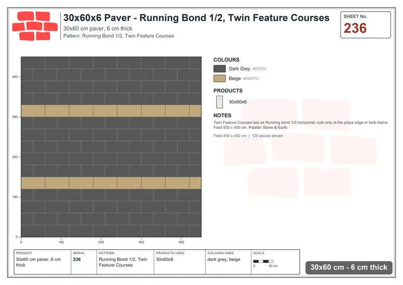 Interlock (Pasco) 30x60 cm · RC36-236 · Running Bond 1/2, Twin Feature Courses · Laying plan Interlock (Pasco) 30x60 cm · RC36-236 · Running Bond 1/2, Twin Feature Courses · Laying plan