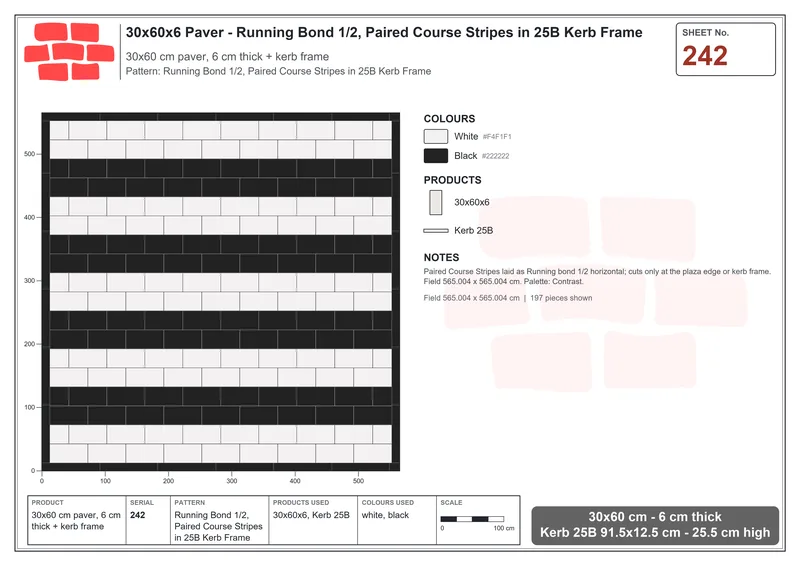 Interlock (Pasco) 30x60 cm · RC36-242 · Running Bond 1/2, Paired Course Stripes in 25B Kerb Frame · Laying plan Interlock (Pasco) 30x60 cm · RC36-242 · Running Bond 1/2, Paired Course Stripes in 25B Kerb Frame · Laying plan