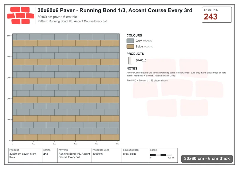 Interlock (Pasco) 30x60 cm · RC36-243 · Running Bond 1/3, Accent Course Every 3rd · Laying plan Interlock (Pasco) 30x60 cm · RC36-243 · Running Bond 1/3, Accent Course Every 3rd · Laying plan