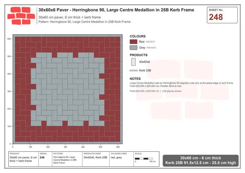 Interlock (Pasco) 30x60 cm · RC36-248 · Herringbone 90, Large Centre Medallion in 25B Kerb Frame · Laying plan Interlock (Pasco) 30x60 cm · RC36-248 · Herringbone 90, Large Centre Medallion in 25B Kerb Frame · Laying plan