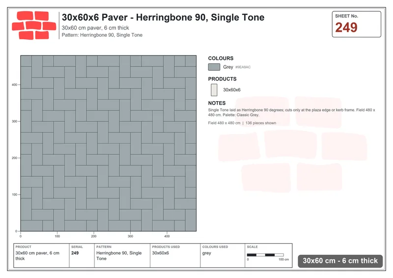 Interlock (Pasco) 30x60 cm · RC36-249 · Herringbone 90, Single Tone · Laying plan Interlock (Pasco) 30x60 cm · RC36-249 · Herringbone 90, Single Tone · Laying plan