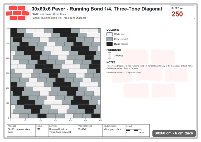 Interlock (Pasco) 30x60 cm · RC36-250 · Running Bond 1/4, Three-Tone Diagonal · Laying plan Interlock (Pasco) 30x60 cm · RC36-250 · Running Bond 1/4, Three-Tone Diagonal · Laying plan