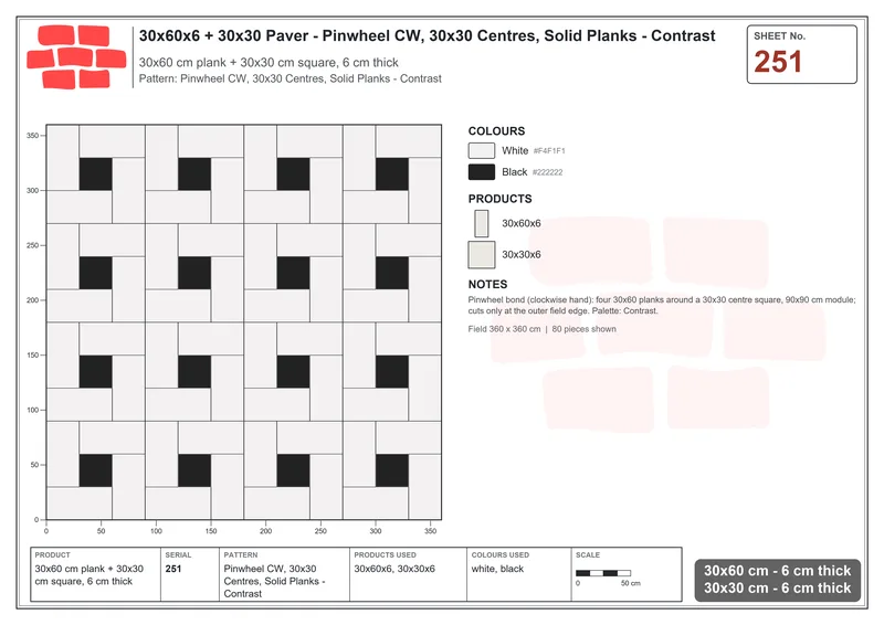 Interlock (Pasco) 30x60 cm · RC36-251 · Pinwheel CW, 30x30 Centres, Solid Planks - Contrast · Laying plan Interlock (Pasco) 30x60 cm · RC36-251 · Pinwheel CW, 30x30 Centres, Solid Planks - Contrast · Laying plan