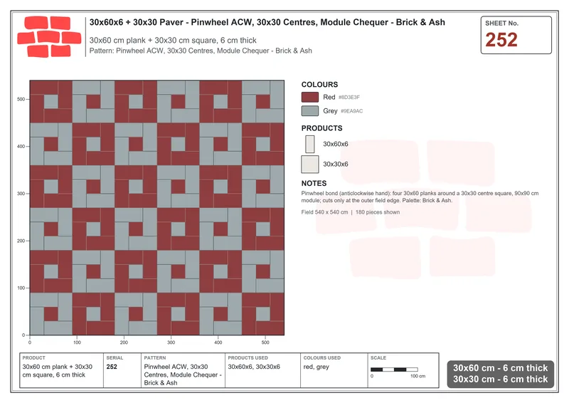 Interlock (Pasco) 30x60 cm · RC36-252 · Pinwheel ACW, 30x30 Centres, Module Chequer - Brick & Ash · Laying plan Interlock (Pasco) 30x60 cm · RC36-252 · Pinwheel ACW, 30x30 Centres, Module Chequer - Brick & Ash · Laying plan