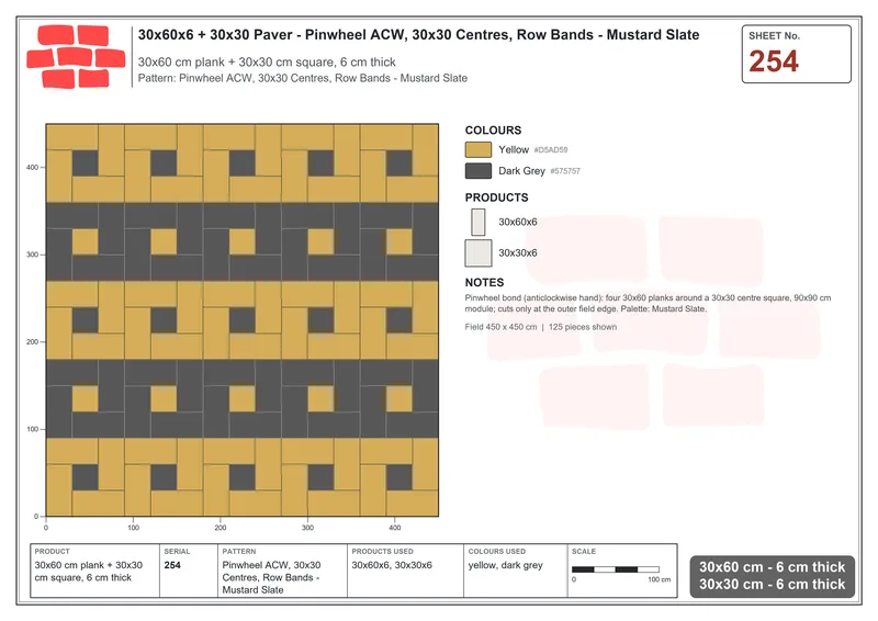 Interlock (Pasco) 30x60 cm · RC36-254 · Pinwheel ACW, 30x30 Centres, Row Bands - Mustard Slate · Laying plan Interlock (Pasco) 30x60 cm · RC36-254 · Pinwheel ACW, 30x30 Centres, Row Bands - Mustard Slate · Laying plan