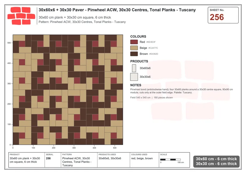 Interlock (Pasco) 30x60 cm · RC36-256 · Pinwheel ACW, 30x30 Centres, Tonal Planks - Tuscany · Laying plan Interlock (Pasco) 30x60 cm · RC36-256 · Pinwheel ACW, 30x30 Centres, Tonal Planks - Tuscany · Laying plan
