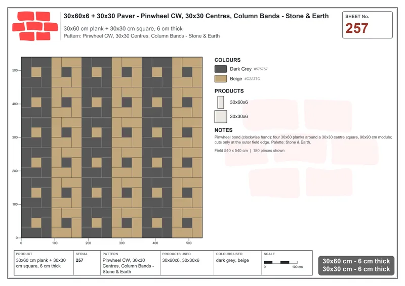 Interlock (Pasco) 30x60 cm · RC36-257 · Pinwheel CW, 30x30 Centres, Column Bands - Stone & Earth · Laying plan Interlock (Pasco) 30x60 cm · RC36-257 · Pinwheel CW, 30x30 Centres, Column Bands - Stone & Earth · Laying plan