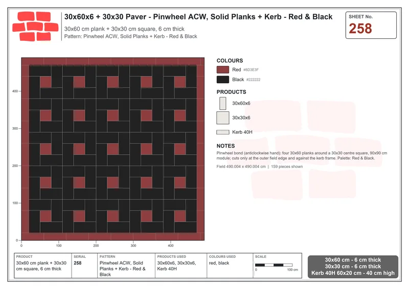 Interlock (Pasco) 30x60 cm · RC36-258 · Pinwheel ACW, Solid Planks + Kerb - Red & Black · Laying plan Interlock (Pasco) 30x60 cm · RC36-258 · Pinwheel ACW, Solid Planks + Kerb - Red & Black · Laying plan