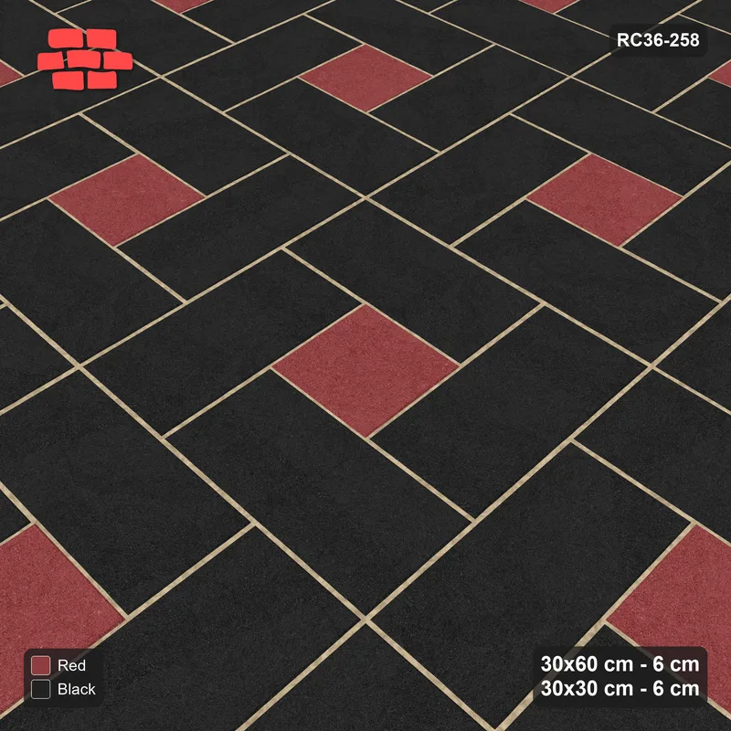 Interlock (Pasco) 30x60 cm · RC36-258 · Pinwheel ACW, Solid Planks + Kerb - Red & Black · Side view