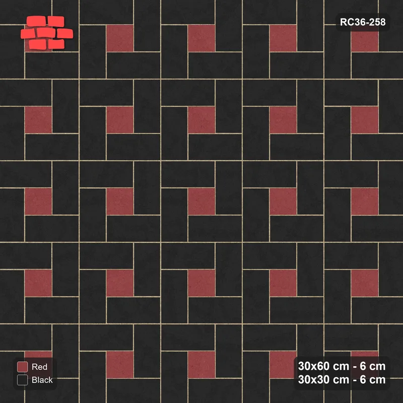 Interlock (Pasco) 30x60 cm · RC36-258 · Pinwheel ACW, Solid Planks + Kerb - Red & Black · Top view