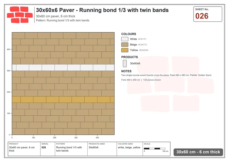 Interlock (Pasco) 30x60 cm · RC36-26 · Running bond 1/3 with twin bands · Laying plan Interlock (Pasco) 30x60 cm · RC36-26 · Running bond 1/3 with twin bands · Laying plan
